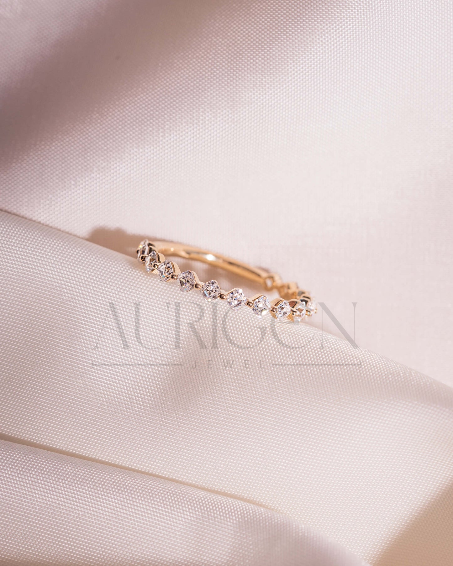 Asscher Cut Moissanite and Leb Diamond Band in 14K Solid Gold – ¾ Eternity Band