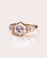 Moissanite and Lab Grown Diamond Hexagon Cut 14K Solid Gold Seven Stone Ring