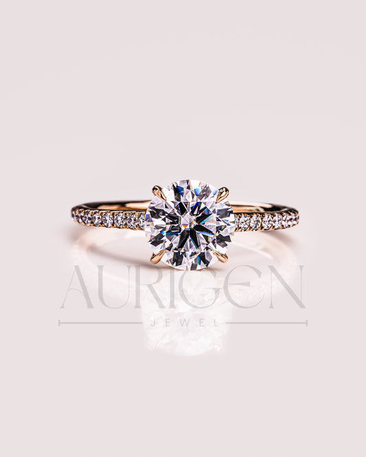 Lab Grown and Moissanite Diamond Round Cut Ring – Pave Engagement Ring in Solid Gold