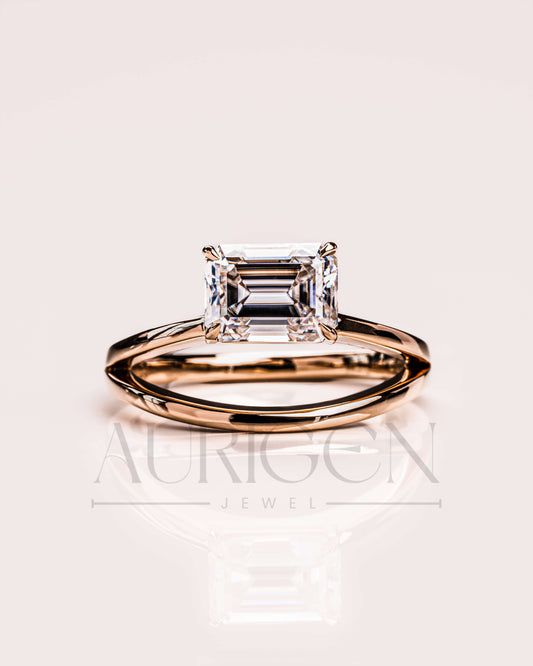 East-West Emerald Cut Solitaire Ring in Solid Gold Ring-Moissanite and Lab Grown Diamond