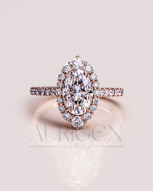 Glamorous Oval Cut Moissanite and Lab Grown Diamond Ring – Halo and Pave Setting