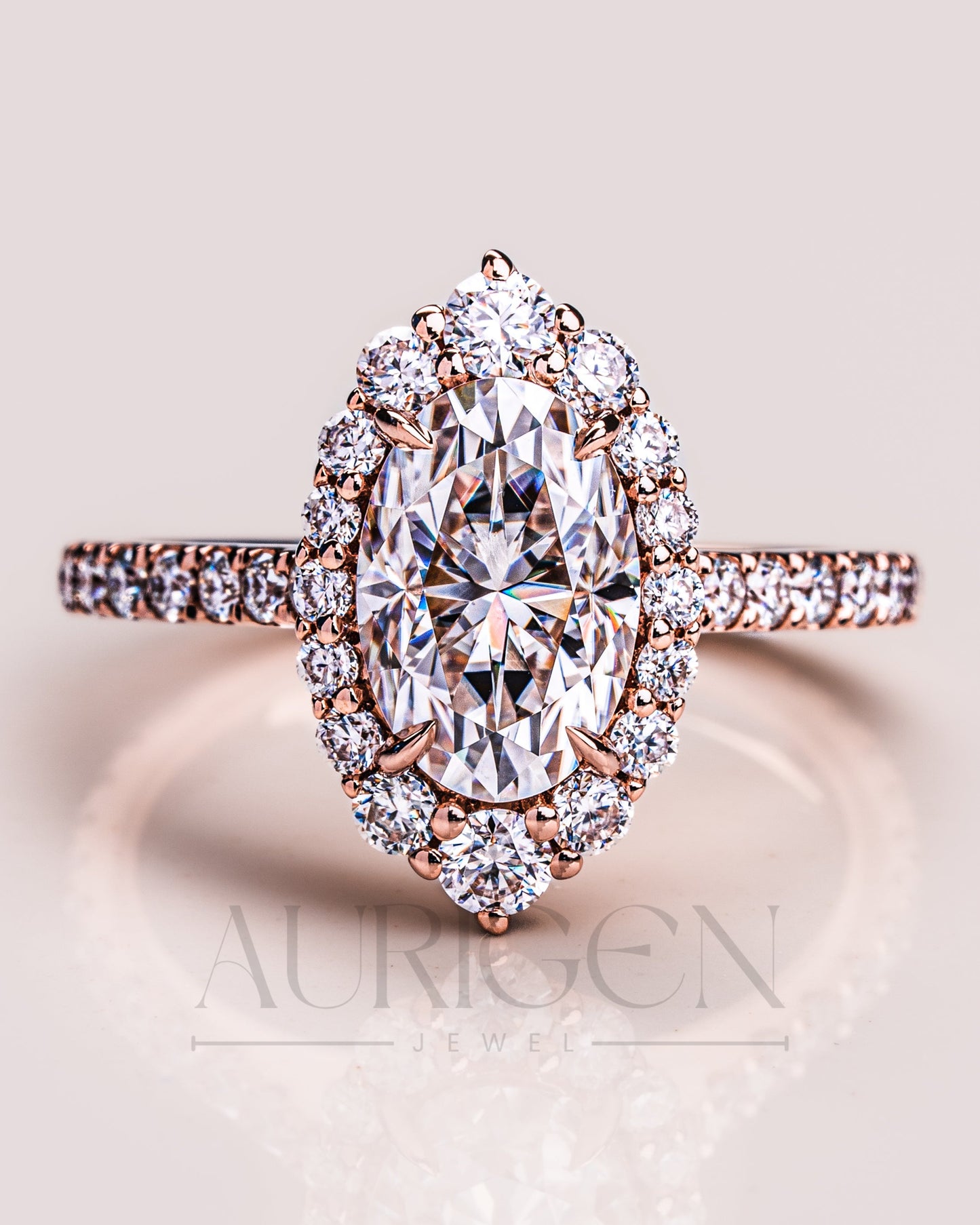 Glamorous Oval Cut Moissanite and Lab Grown Diamond Ring – Halo and Pave Setting
