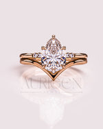 5-Prong Pear Cut Moissanite and Lab Diamond Ring Set with Chevron Band – 14K Solid Gold