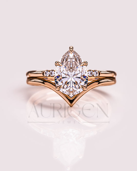5-Prong Pear Cut Moissanite and Lab Diamond Ring Set with Chevron Band – 14K Solid Gold