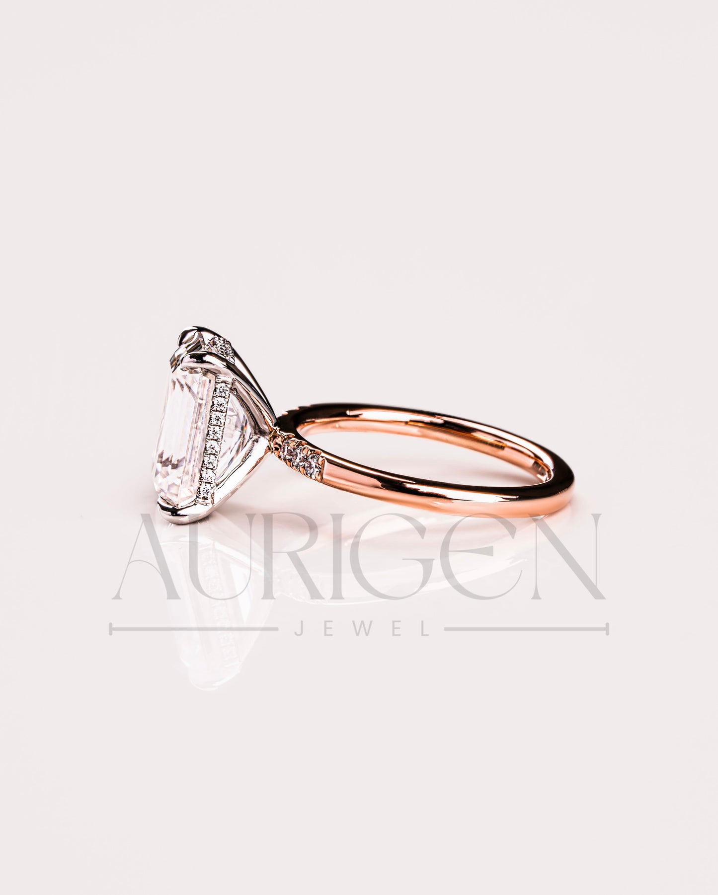 Lab Grown and Moissanite Emerald Cut Engagement Ring in Rose Gold
