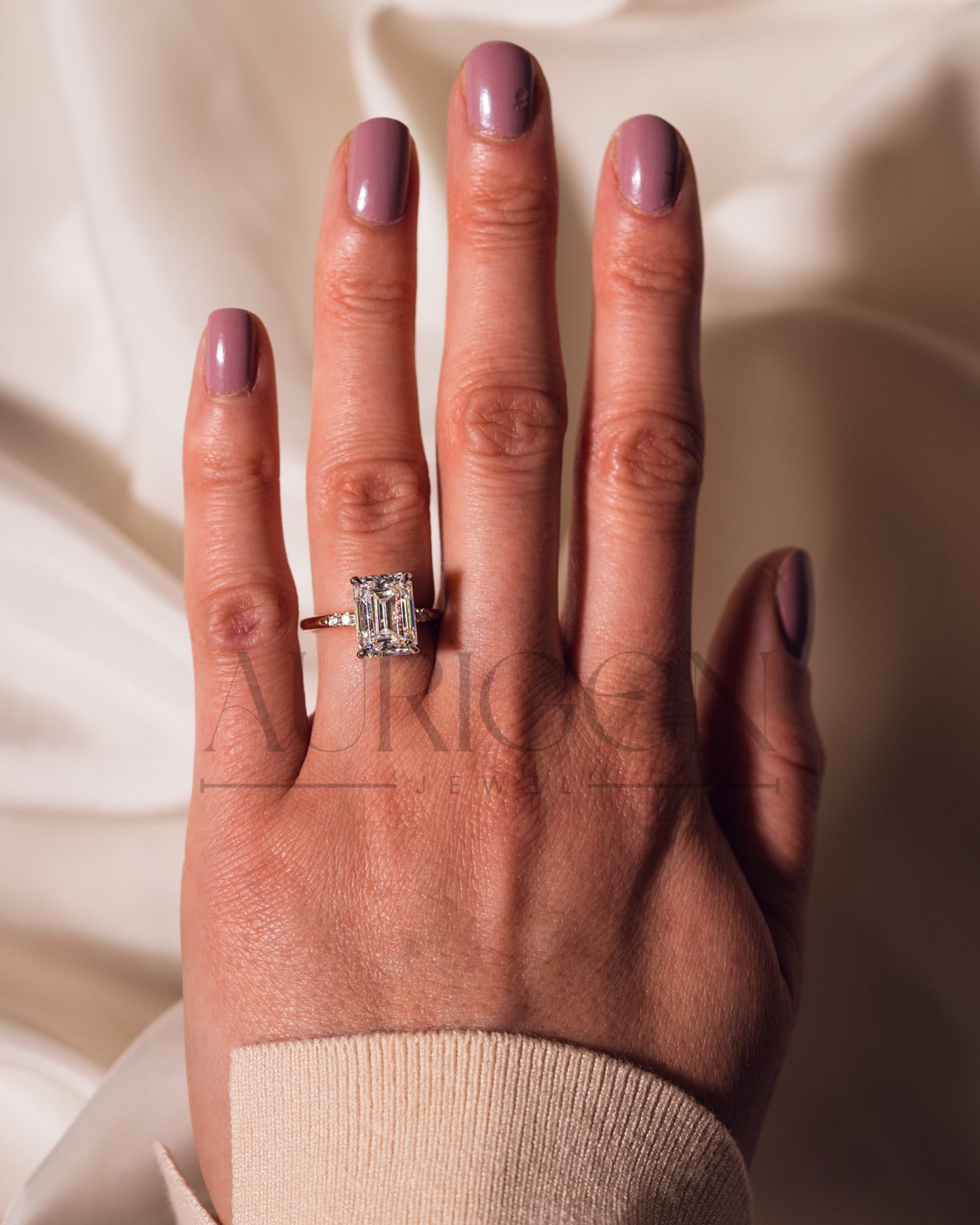 Lab Grown and Moissanite Emerald Cut Engagement Ring in Rose Gold