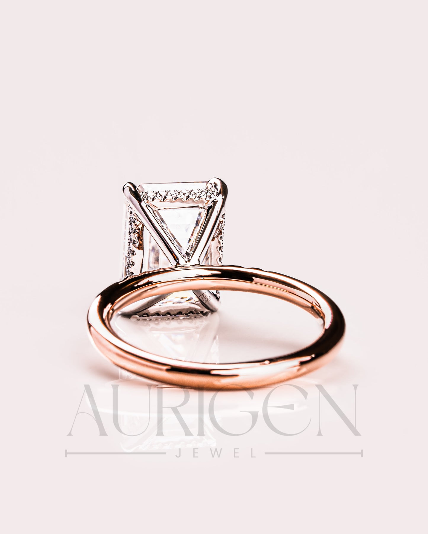 Lab Grown and Moissanite Emerald Cut Engagement Ring in Rose Gold