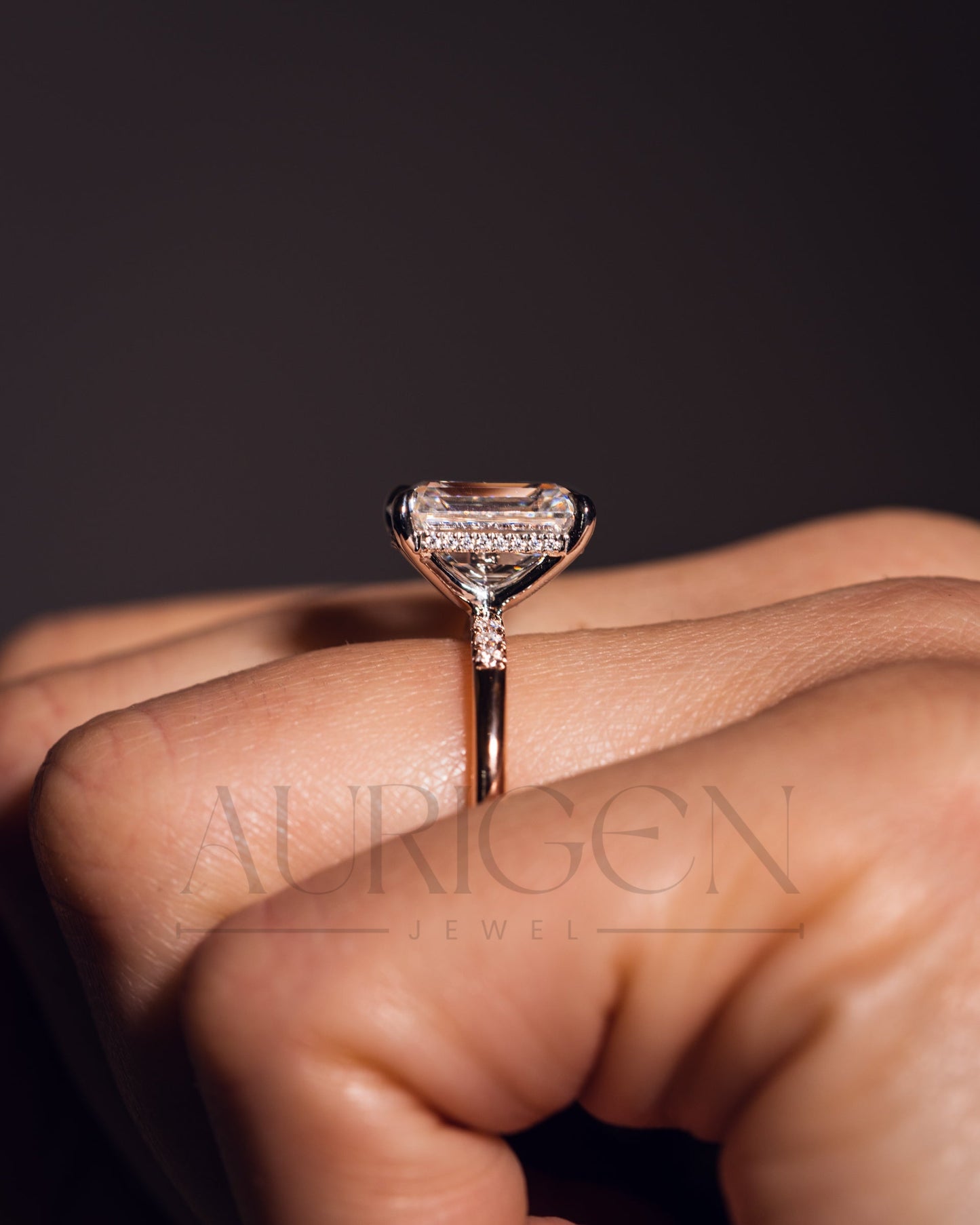 Lab Grown and Moissanite Emerald Cut Engagement Ring in Rose Gold