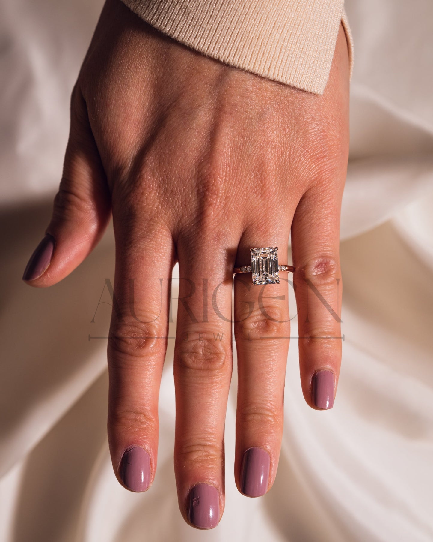 Lab Grown and Moissanite Emerald Cut Engagement Ring in Rose Gold