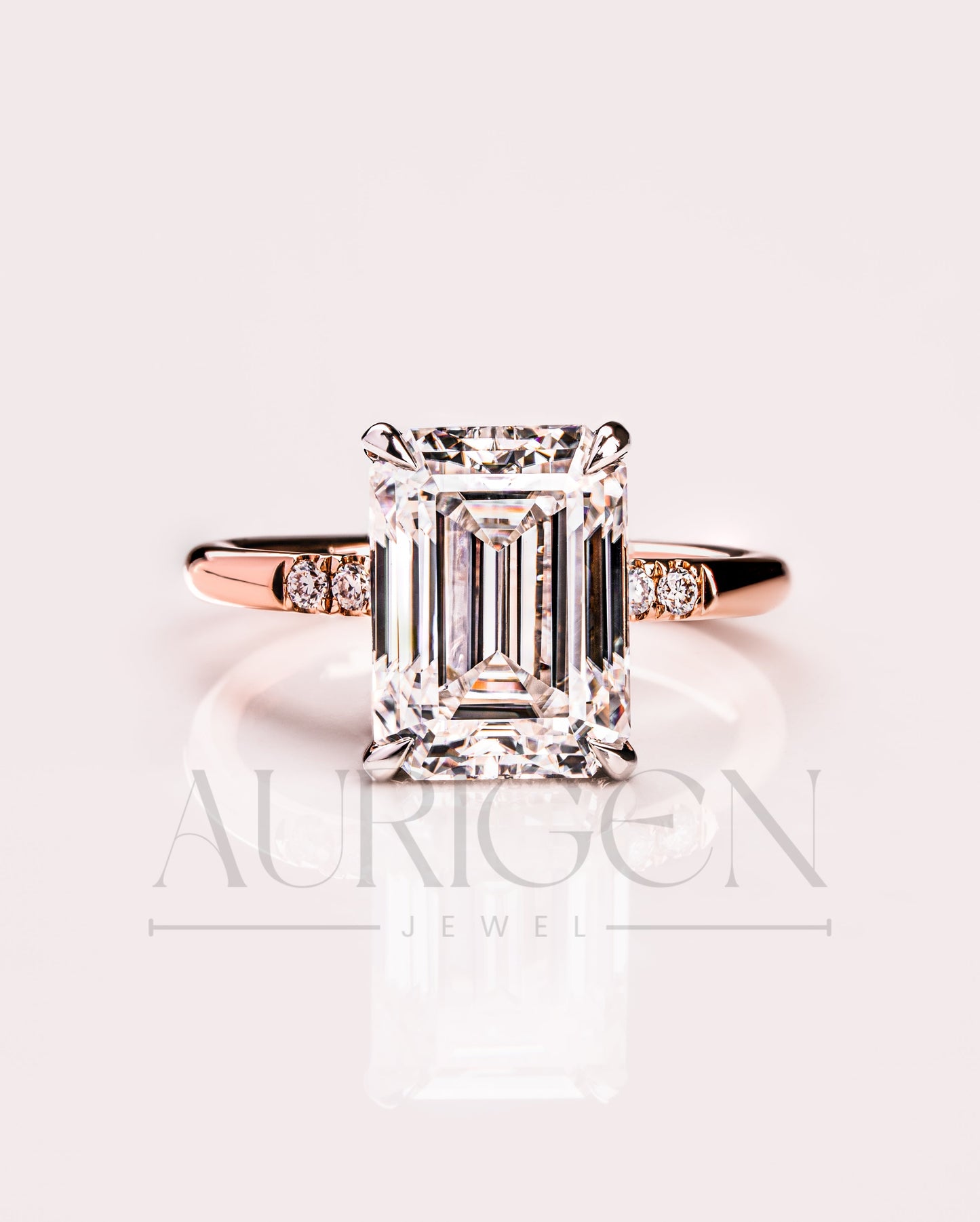 Lab Grown and Moissanite Emerald Cut Engagement Ring in Rose Gold