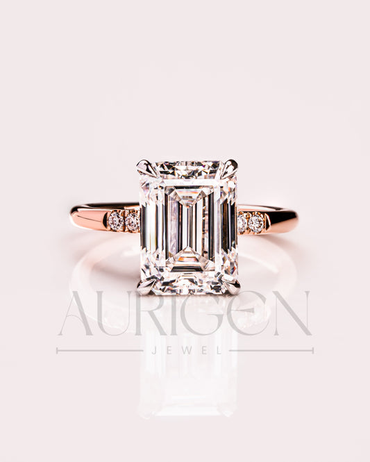 Lab Grown and Moissanite Emerald Cut Engagement Ring in Rose Gold