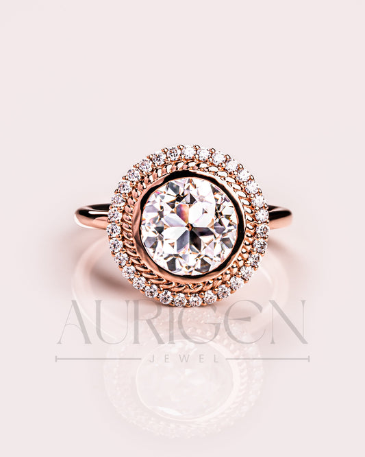 Brilliant Round Cut Moissanite and Lab Grown Diamond Bezel Setting Ring With Halo