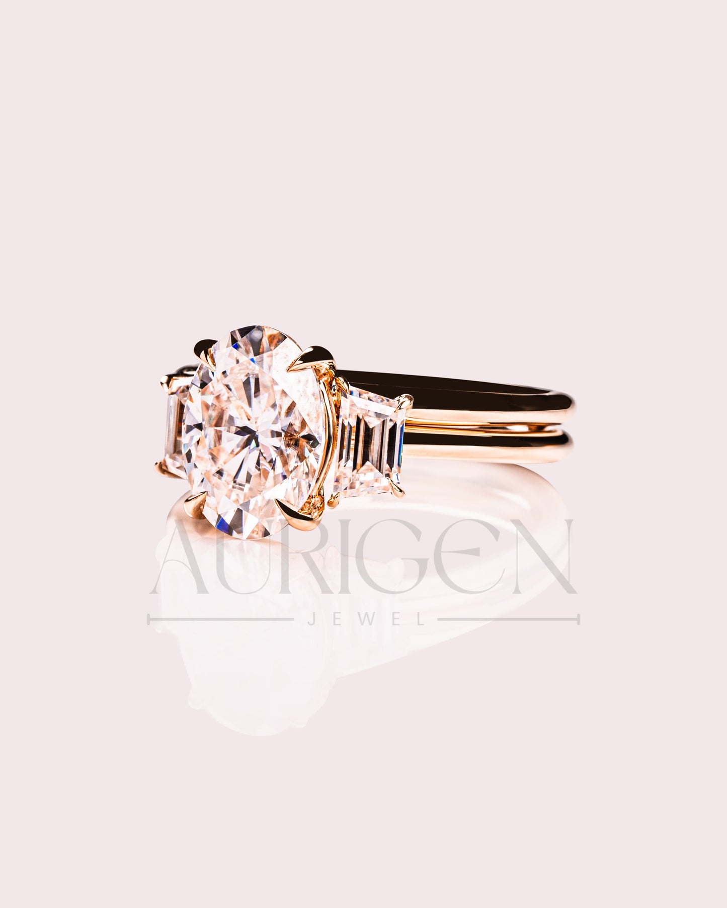 Oval & Trapezoid Moissanite & Leb Diamond Engagement Ring Set 14K Solid Gold