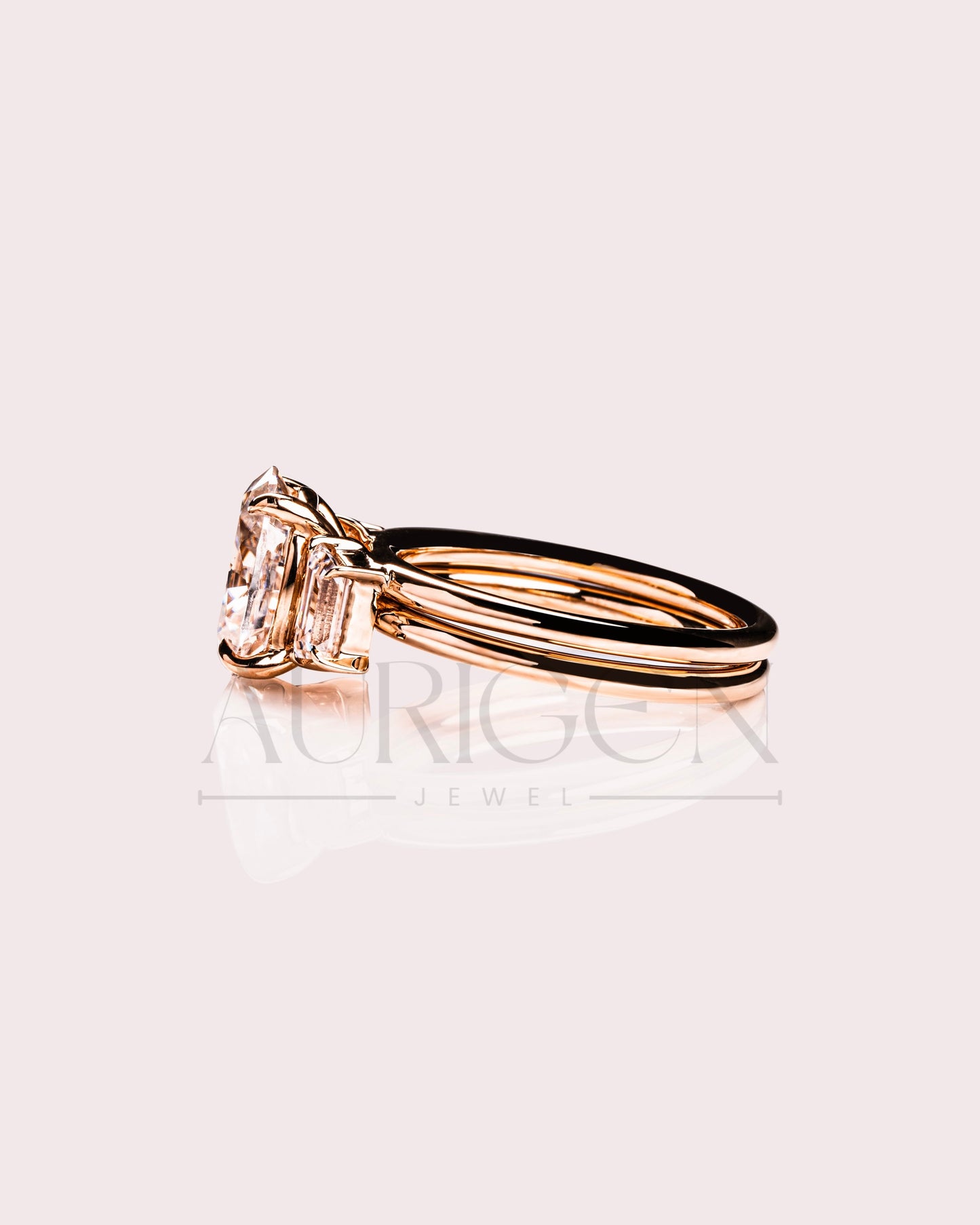 Oval & Trapezoid Moissanite & Leb Diamond Engagement Ring Set 14K Solid Gold