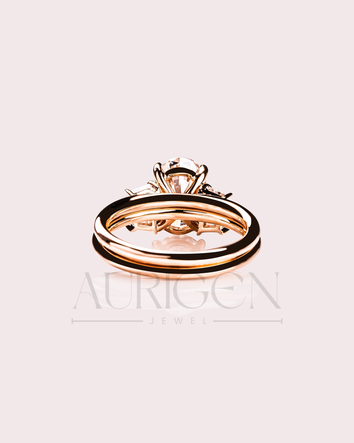 Oval & Trapezoid Moissanite & Leb Diamond Engagement Ring Set 14K Solid Gold