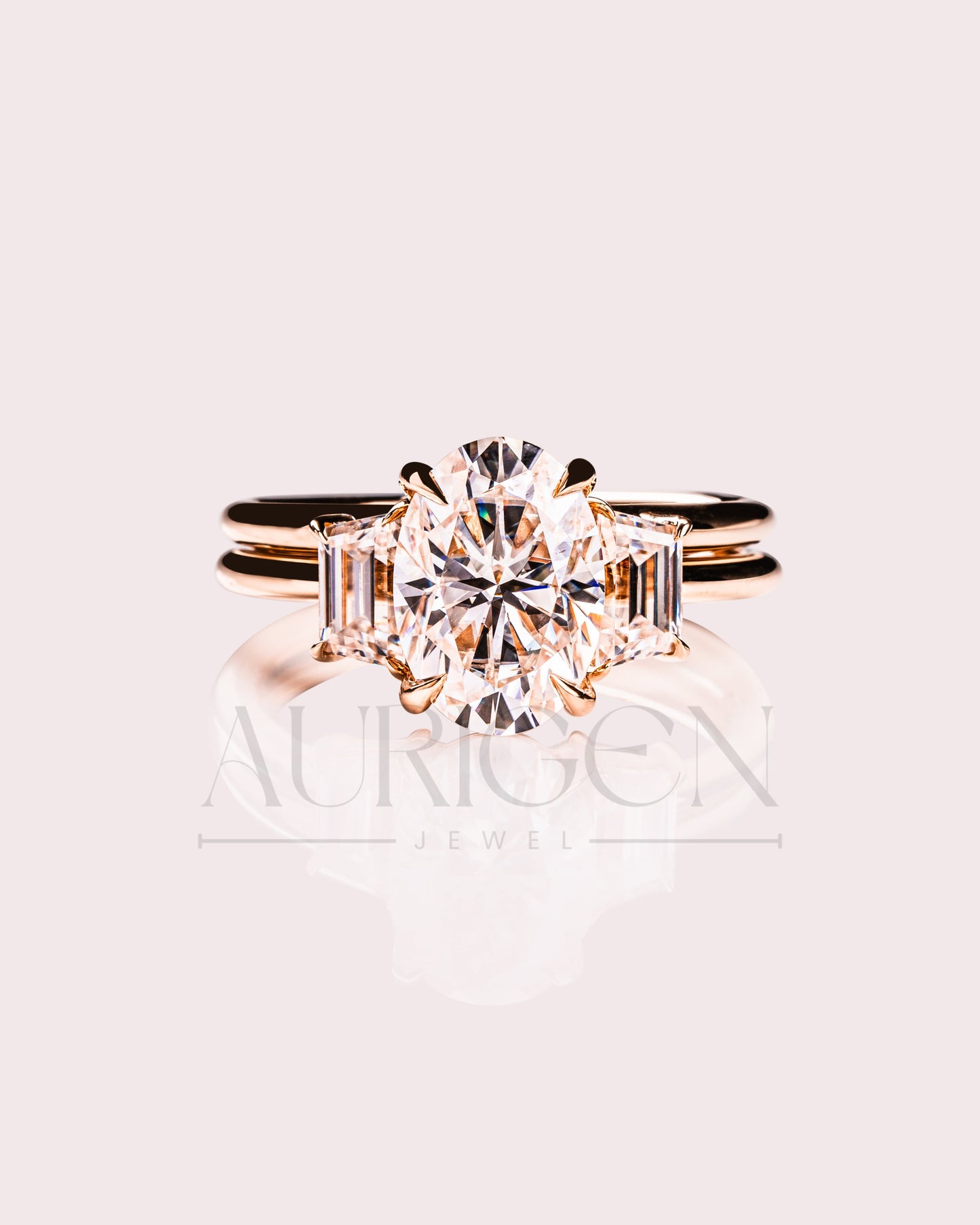 Oval & Trapezoid Moissanite & Leb Diamond Engagement Ring Set 14K Solid Gold