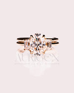 Oval & Trapezoid Moissanite & Leb Diamond Engagement Ring Set 14K Solid Gold
