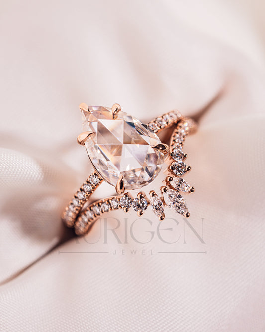 18K Rose Gold Pear Moissanite and Leb Diamond Ring Set Pave Setting and Hidden Halo Diamond Ring Marquise and Round Chevron Band