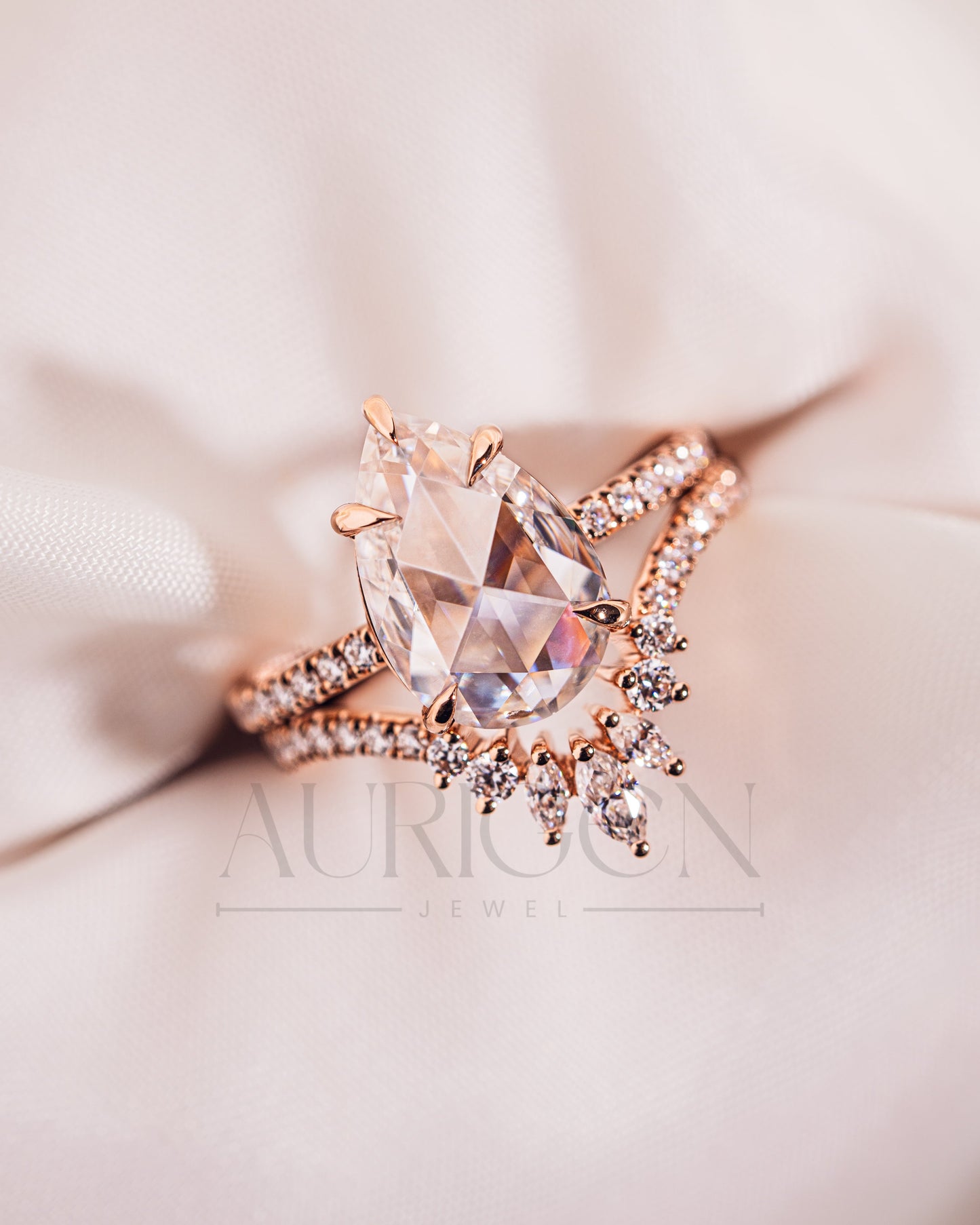 18K Rose Gold Pear Moissanite and Leb Diamond Ring Set Pave Setting and Hidden Halo Diamond Ring Marquise and Round Chevron Band