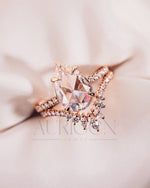 18K Rose Gold Pear Moissanite and Leb Diamond Ring Set Pave Setting and Hidden Halo Diamond Ring Marquise and Round Chevron Band