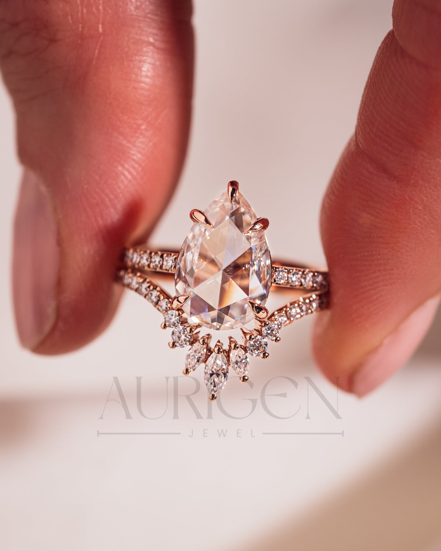 18K Rose Gold Pear Moissanite and Leb Diamond Ring Set Pave Setting and Hidden Halo Diamond Ring Marquise and Round Chevron Band