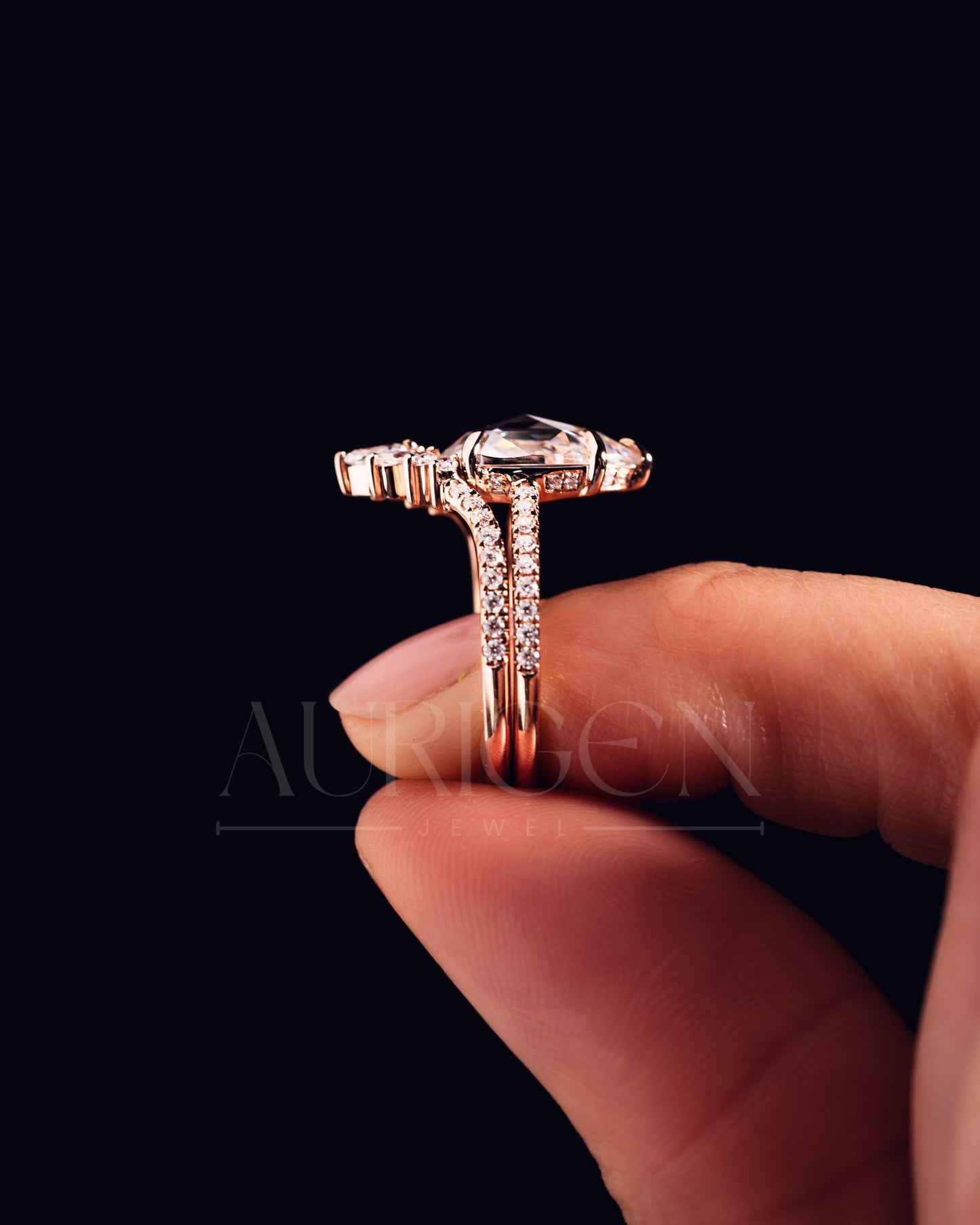 18K Rose Gold Pear Moissanite and Leb Diamond Ring Set Pave Setting and Hidden Halo Diamond Ring Marquise and Round Chevron Band