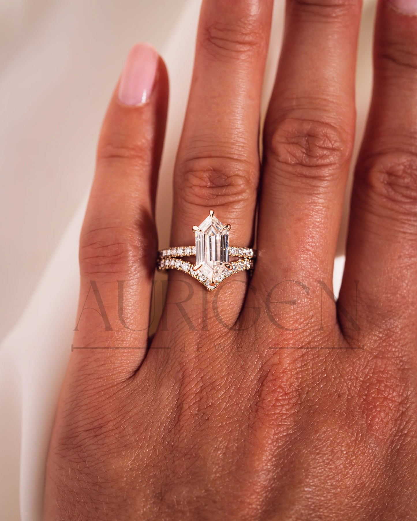 Elongated Hexagon Moissanite and Leb Ring Hidden Halo with Pave Band 14K Rose Gold