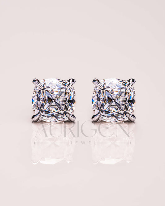 Cushion Cut Moissanite and Lab Grown Diamond Stud Earrings - 14k White Gold