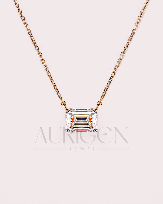 East-West Emerald Cut Moissanite and Lab Grown Diamond Necklace