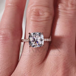 18k Rose Gold Cushion Cut Moissanite and Leb Engagement Ring Halo With Pave Diamond Ring
