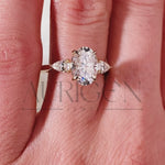 Oval Moissanite & Leb Three Stone Engagement Ring with Pear Accents 14K Rose Gold