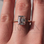 Emerald Cut Solitaire Engagement Ring Halo Moissanite and Leb Diamond 14K White Gold