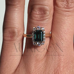 Green Emerald Cut Moissanite and Lab Grown Diamond 14K Solid Gold Halo Ring
