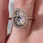 Moissanite and Lab Grown Diamond- Oval Cut Bezel Setting Ring With Halo