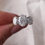 Three Stone Oval Cut Engagement Ring in Solid Gold – Ice Crushed Moissanite and Lab Diamond