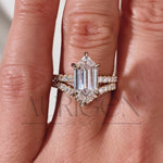 Elongated Hexagon Moissanite and Leb Ring Hidden Halo with Pave Band 14K Rose Gold