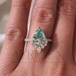 Moissanite & Lab Grown Diamond Green Pear Cut Engagement Ring With Halo and Pave