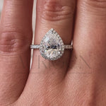 Pear Cut Halo & Pave Engagement Ring with Moissanite and Lab Diamond – 14K Solid Gold