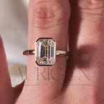 Modern Emerald Cut Moissanite and Lab Grown Diamond Bezel Set Ring