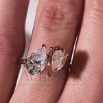 14k Solid Gold Two-Stone Pear Cut Lab Grown and Moissanite Diamond Engagement Ring